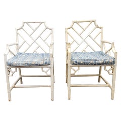 Vintage Pair of 1970s Rattan Bamboo Chippendale Armchairs