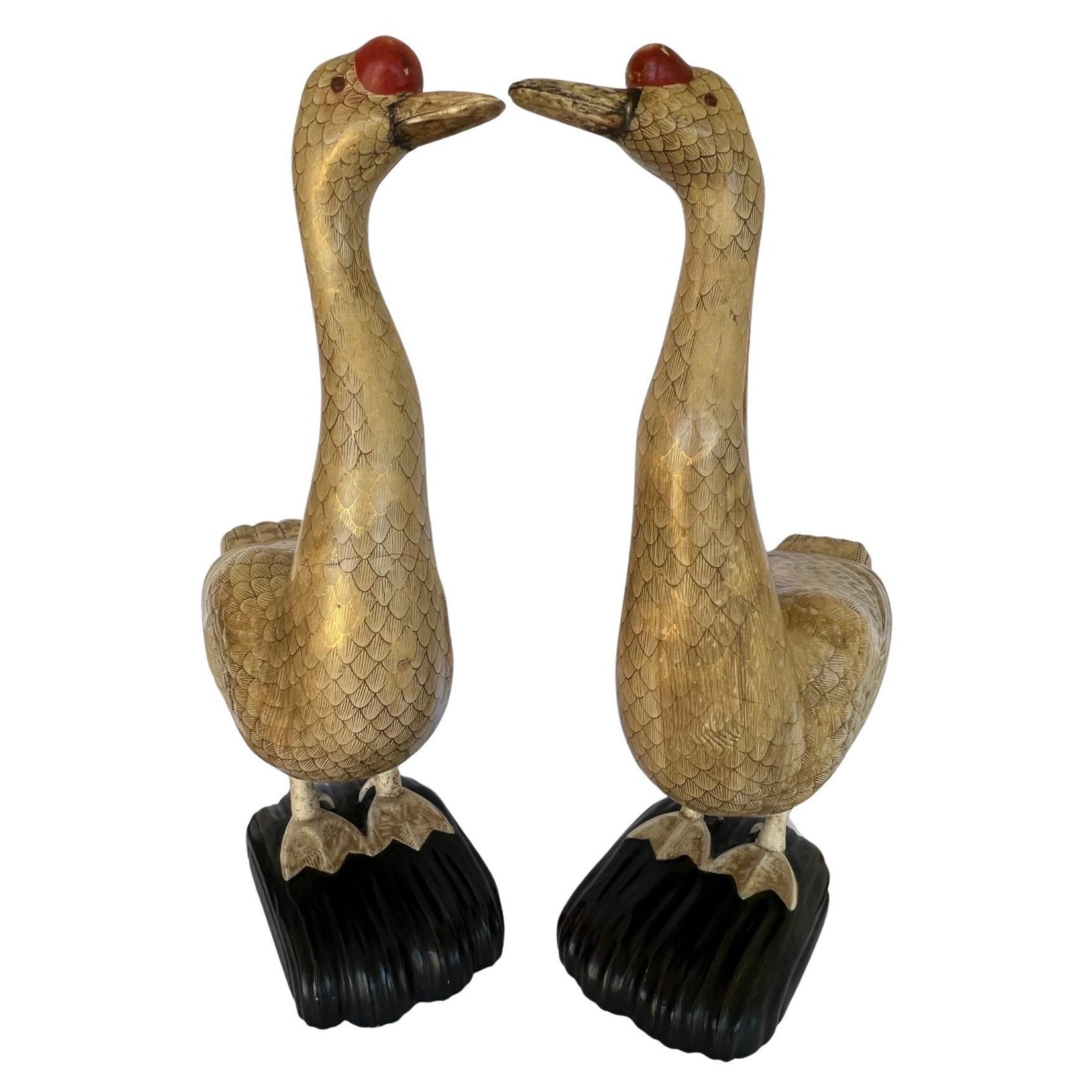 Pair, 19th Century Chinese Export Carved Wood & Gilt Lacquered Geese Statues