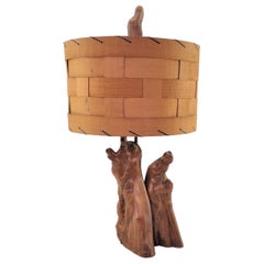 Mid-Century Era Cypress Knees Sculptural Table Lamp with Woven Wooden Shade