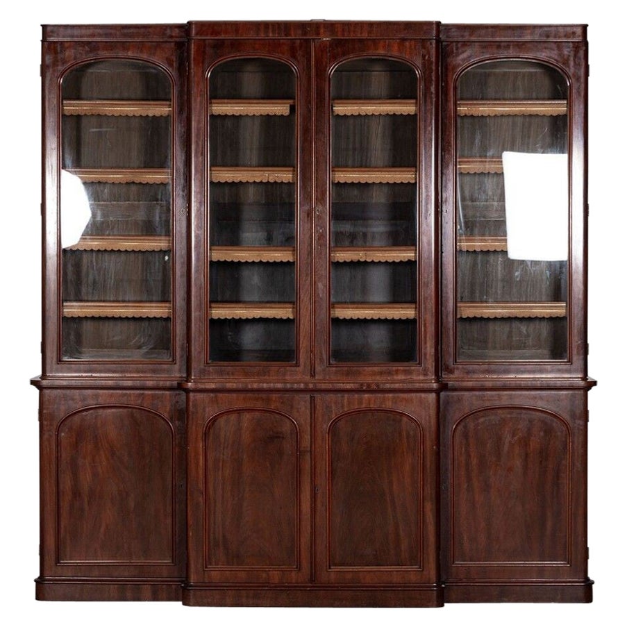 Large 19th C English Mahogany Glazed Breakfront Bookcase For Sale