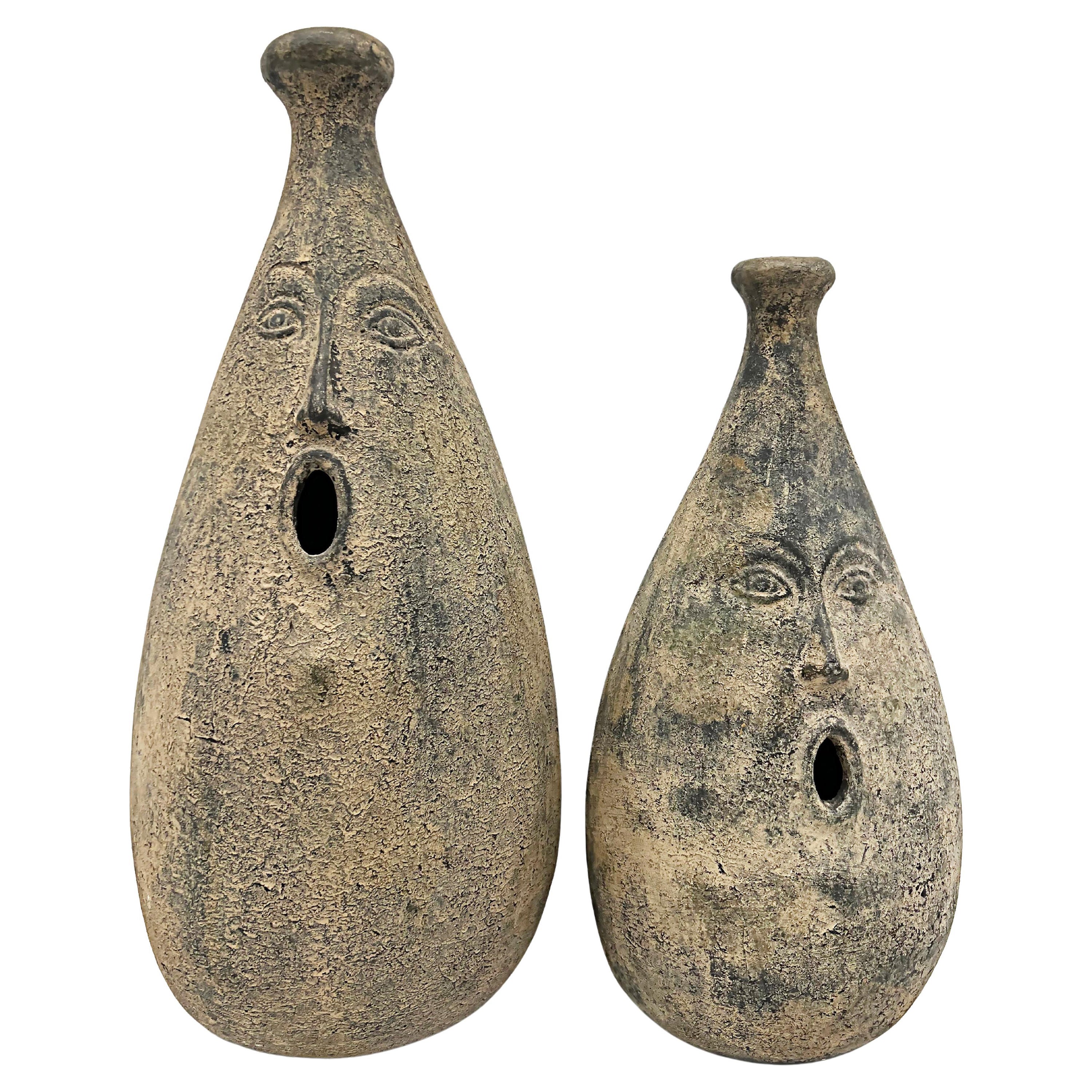 Over-scale Mid-Century Pottery Figurative Face Vases, Pair For Sale
