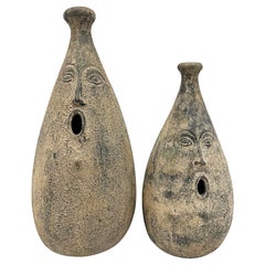 Over-scale Mid-Century Pottery Figurative Face Vases, Pair
