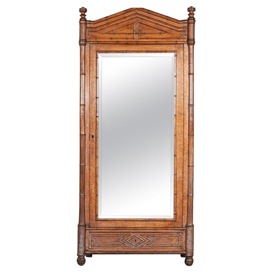 19thC French Faux Bamboo Walnut Mirrored Armoire For Sale