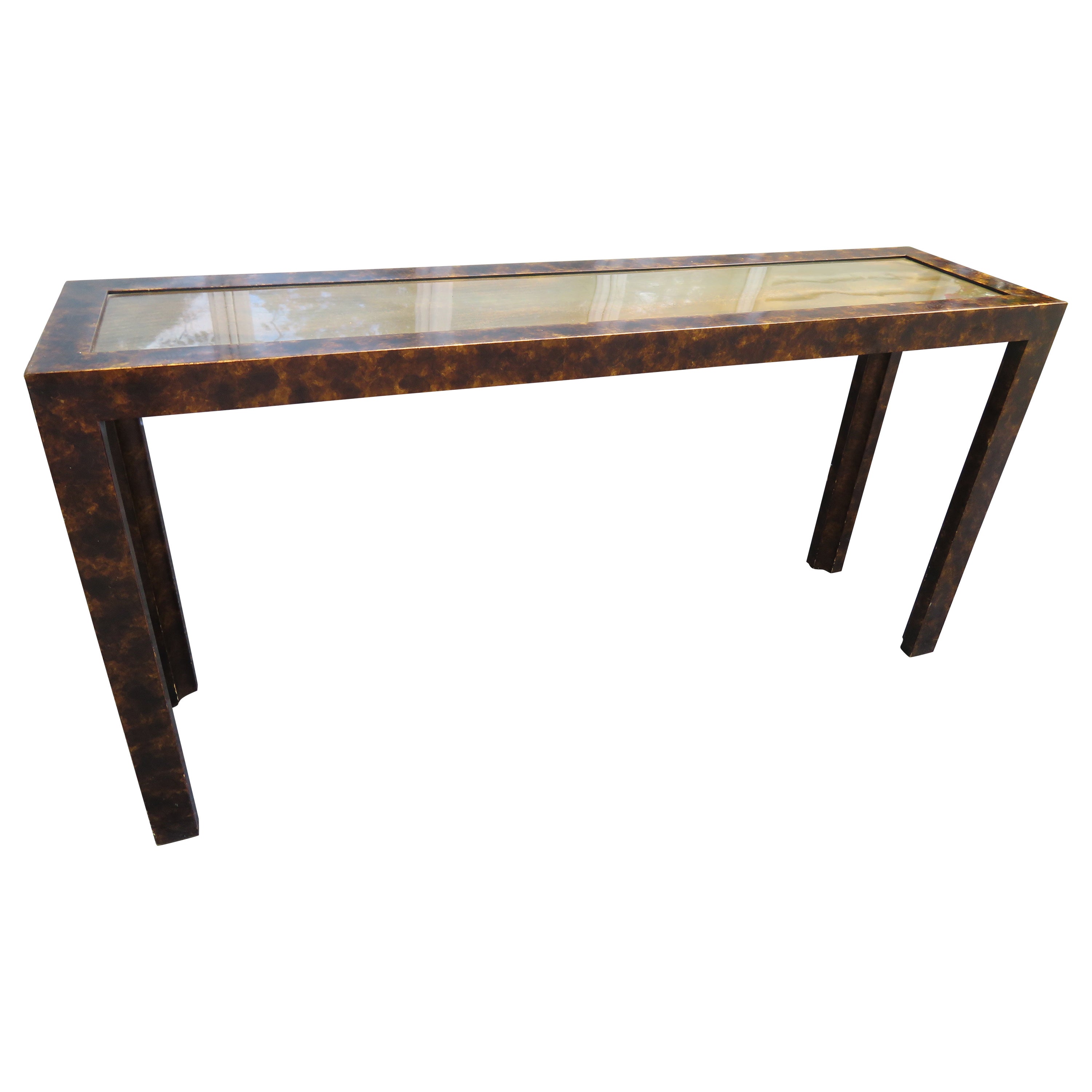 Faux Tortoise Shell Patinated Brass Top Parsons Style Console Sofa Table