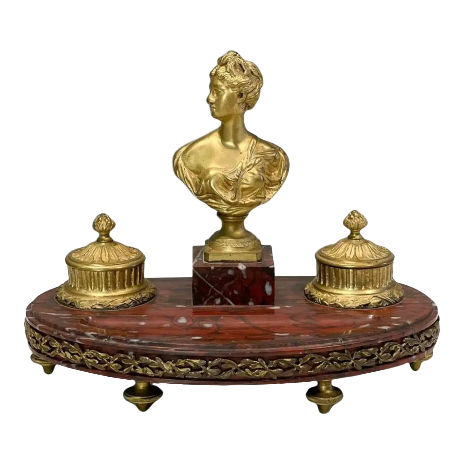Encrier français ancien en bronze doré sur support en marbre rouge, 19ème siècle