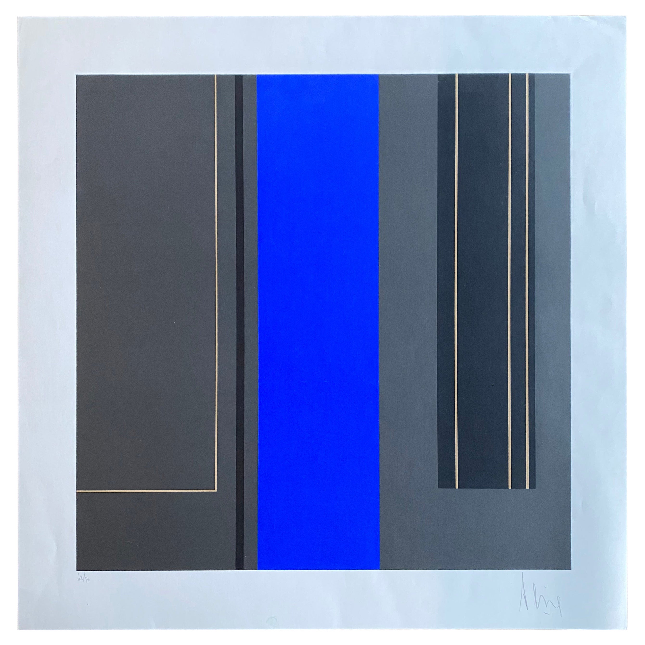 Abstrakter Farbsiebdruck von Luc Peire, geometrische Formen in Blau und Schwarz im Angebot