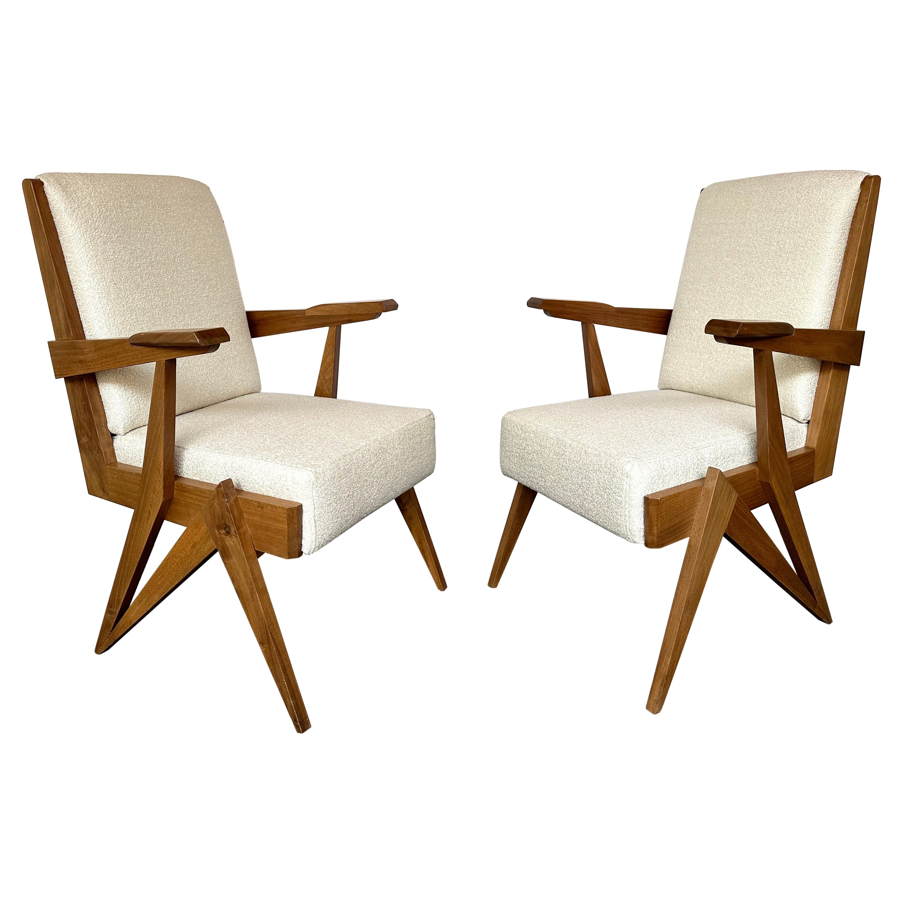 Mid-Century Modern Pair of Compass Wood Armchairs, Italy, 1960s