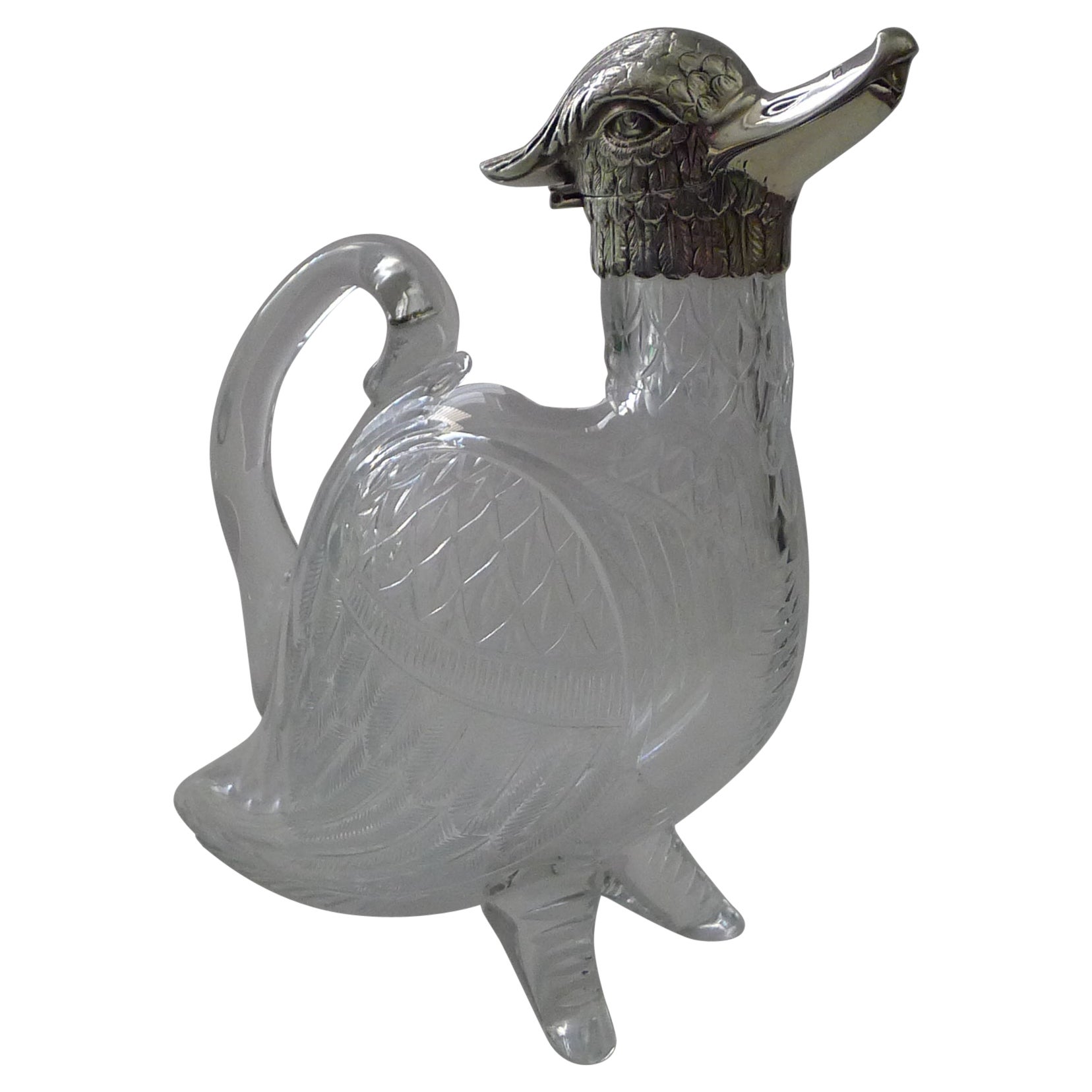 Rare Victorian Silver and Cut Glass Novelty Duck Decanter / Jug, 1894