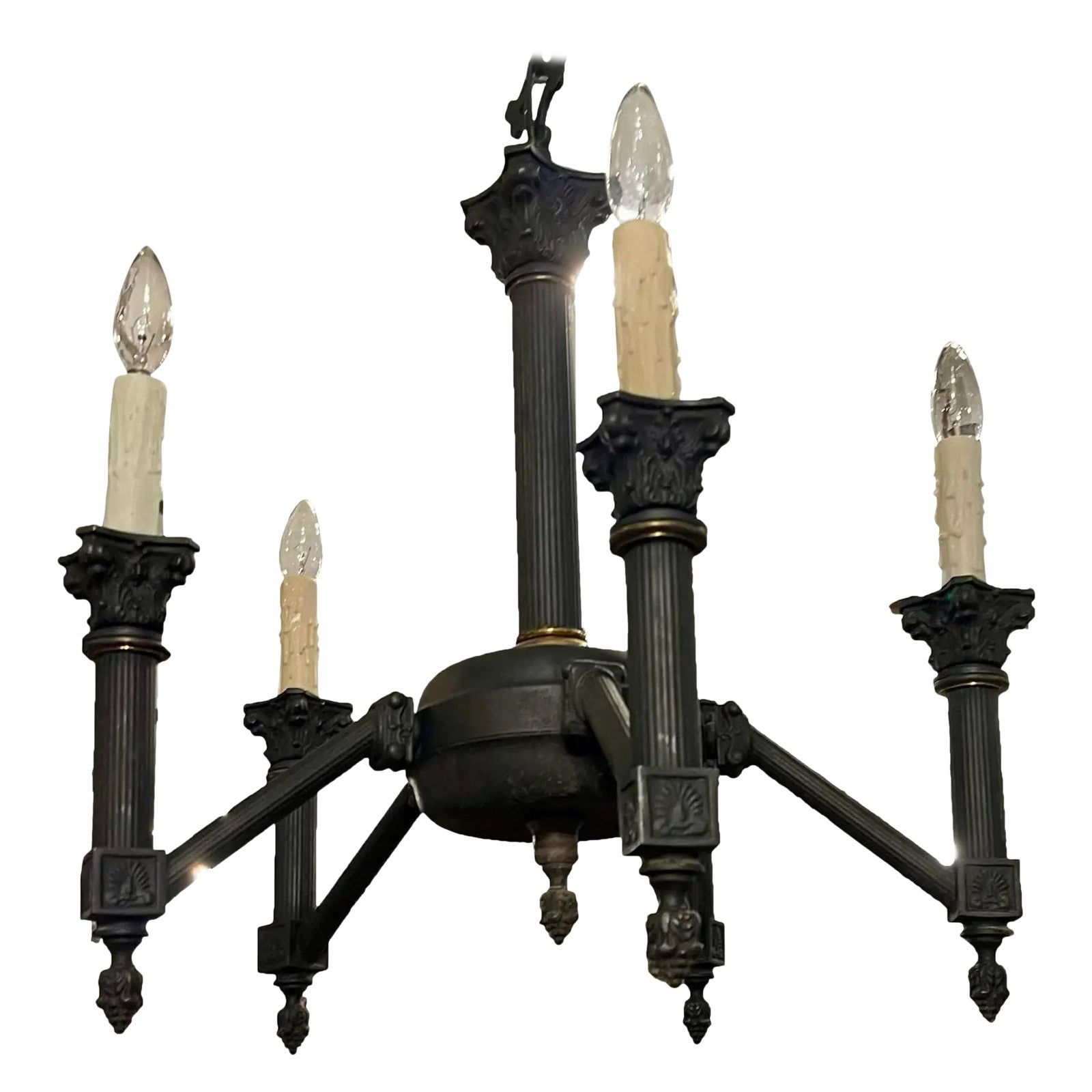 Empire Style Black Neoclassical Corinthian Column Six Light Chandelier For Sale