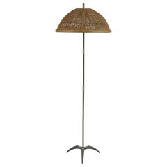 Vintage Tripod Floor Lamp with Rattan Shade, 1950s Italy