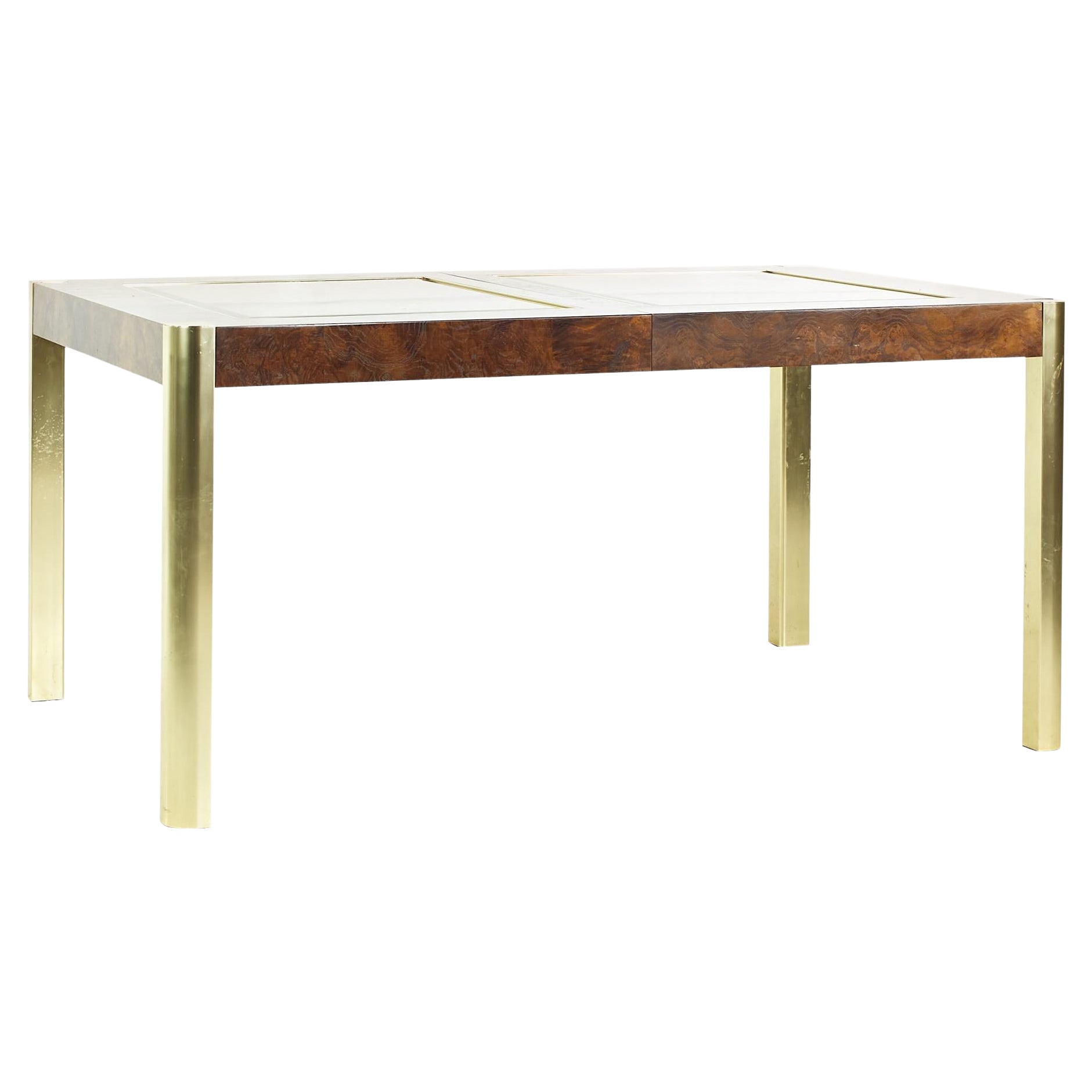 Century Mid Century Burlwood Brass and Glass Dining Table For Sale
