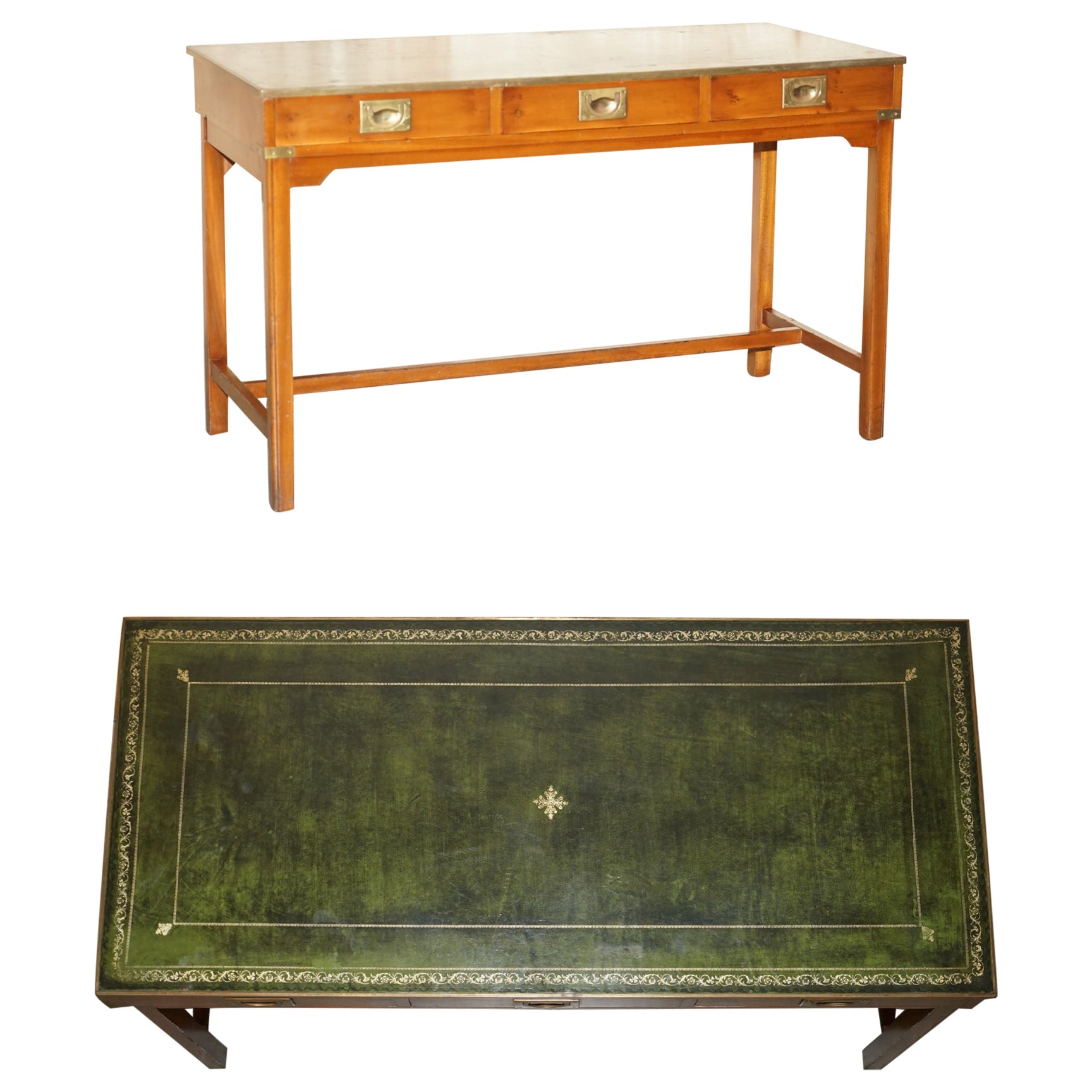 HARRODS KENNEDY BURR YEW WOOD MiLITARY CAMPAIGN GREEN LEATHER WRITING TABLE DESK