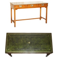 HARRODS KENNEDY BURR YEW WOOD MiLITARY CAMPAIGN GREEN LEATHER WRITING TABLE DESK