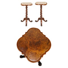 Antique Pair of Restored Victorian Burr Walnut Tripod Side End Lamp Tables circa 1860
