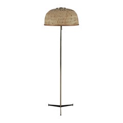 Tripod Floor Lamp in Brass and Wicker Shade, 1950s Italy