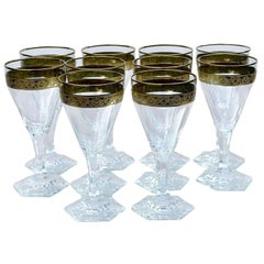 Set of 10 Art Deco Moser Gold Encrusted Crystal Wine Stems, 1980s