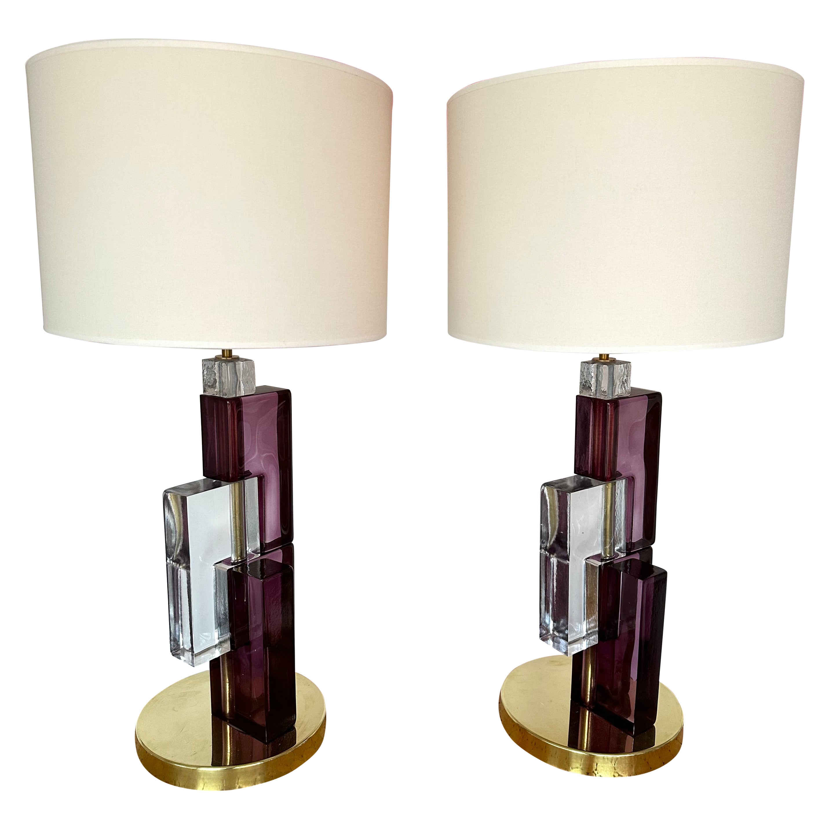 Contemporary Pair of Lamps Amethyst Cubic Murano Glass and Brass, Italy