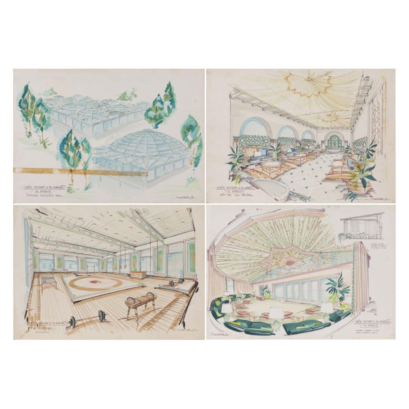 20th C Orientalist School Plans of the Views of Youssef Al Khereiji's Hotel For Sale
