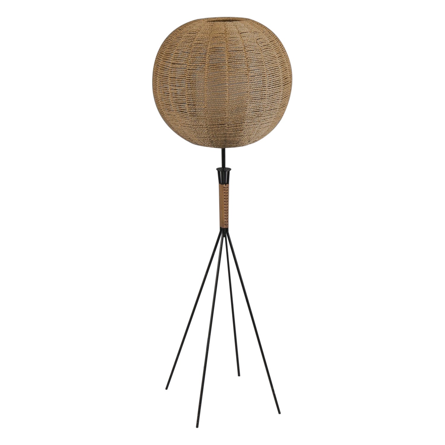 Fourpod String Floor Lamp in Metal, Leather and Jute, 1960s For Sale
