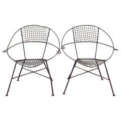 Pair of Painted Wrought Iron and Wire Work  “Radar” Patio Chairs, C1950s