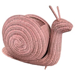 Retro Snail Pink Rattan Magazine Rack, Italy, 1970s