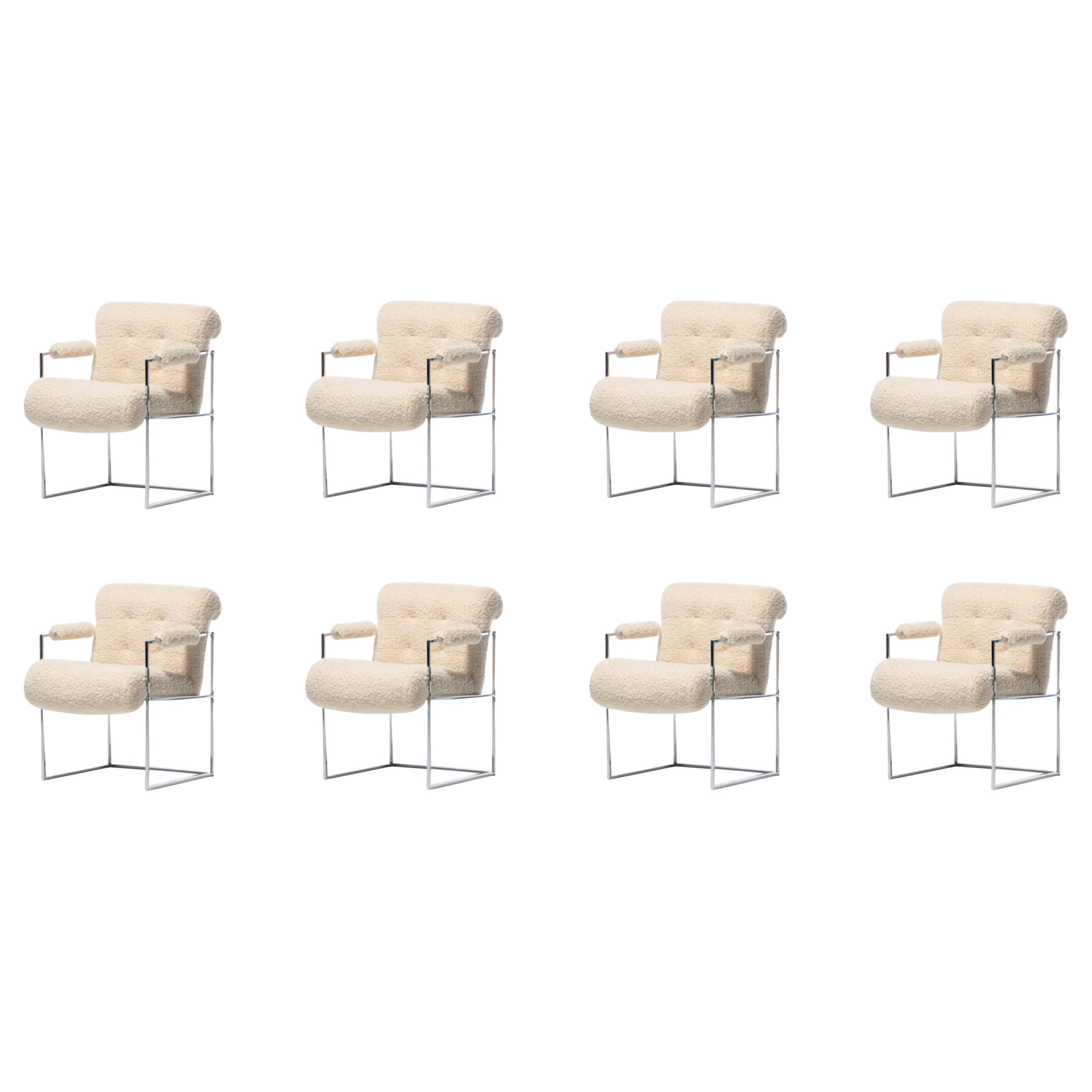 Milo Baughman Set of 8 Chrome Dining Chairs in Ivory Boucle, circa 1975 For Sale