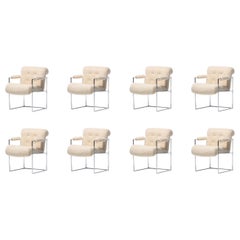 Milo Baughman Set of 8 Chrome Dining Chairs in Ivory Boucle, circa 1975
