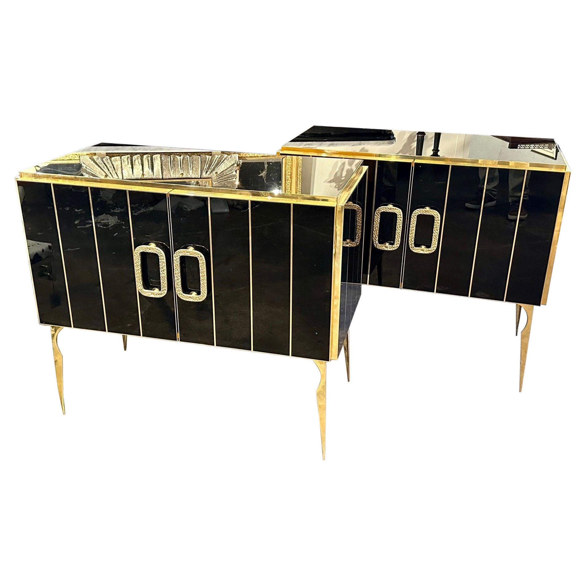 Murano Black Glass and Brass Side Cabinet