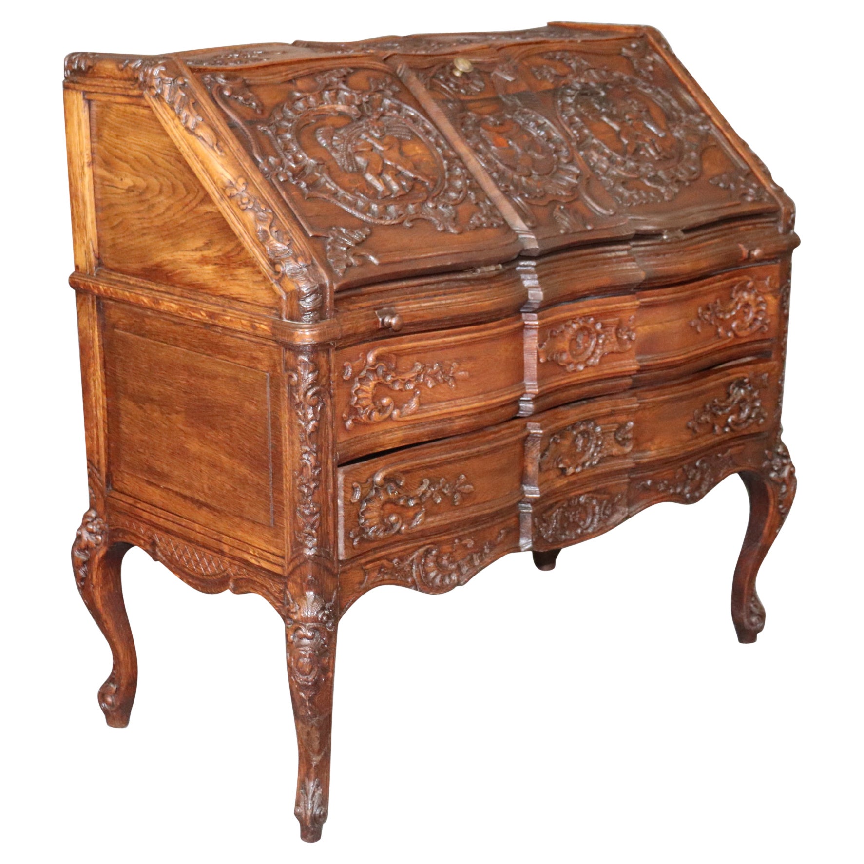 Exuberantly Carved Oak French Louis XV Secretary Desk Circa 1900 For Sale