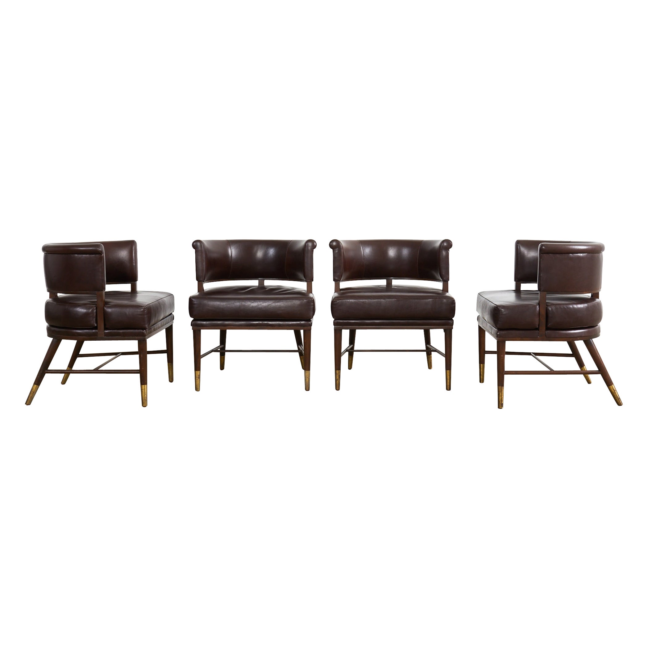 Set of Four Dunbar Style Leather Barrel Back Lounge Chairs For Sale