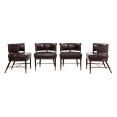 Used Set of Four Dunbar Style Leather Barrel Back Lounge Chairs