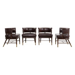 Set of Four Dunbar Style Leather Barrel Back Lounge Chairs