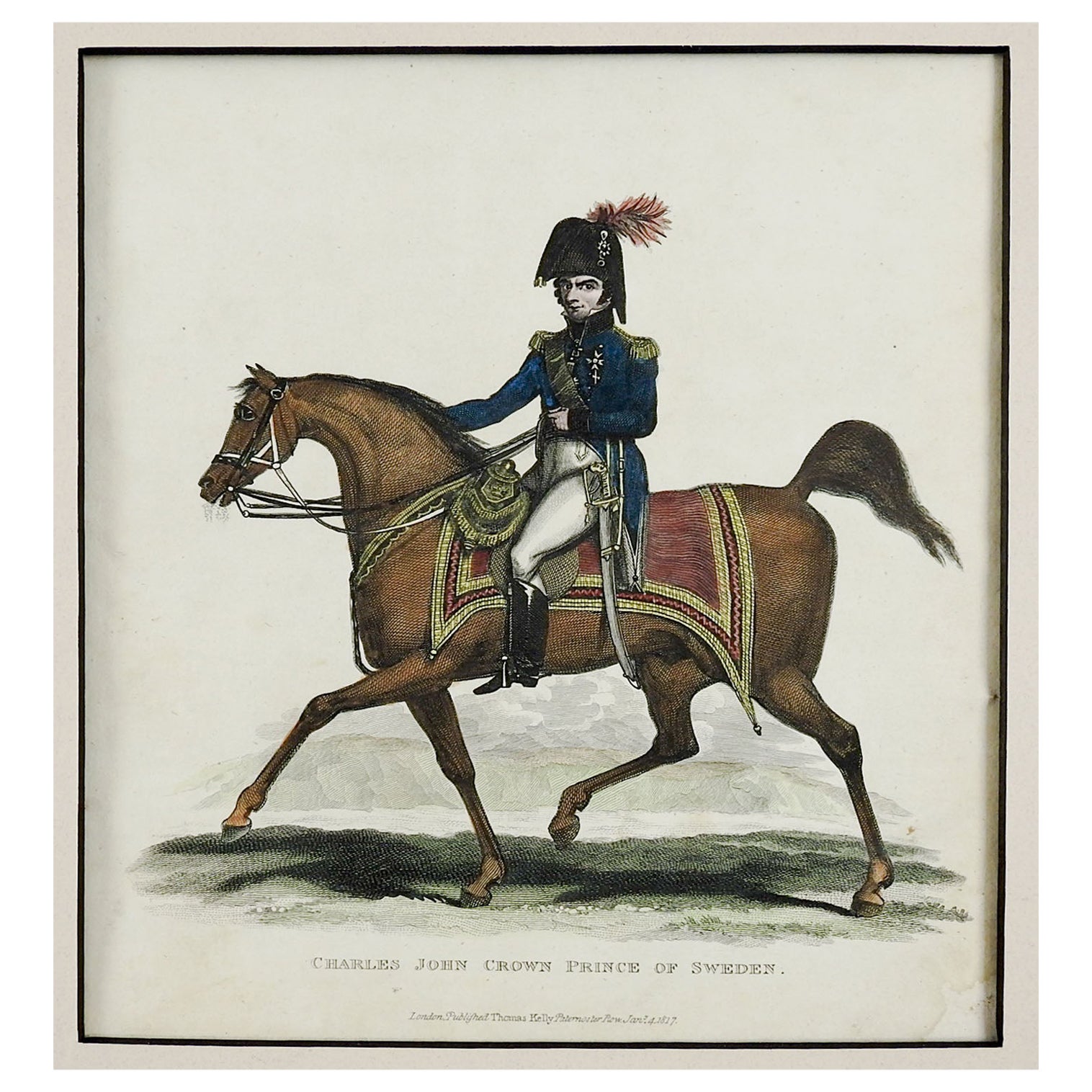 Gravure ancienne de prince de couronne de Suède de 1817 en forme d'équitation 