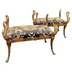Pair of Antique Carved Swan Benches