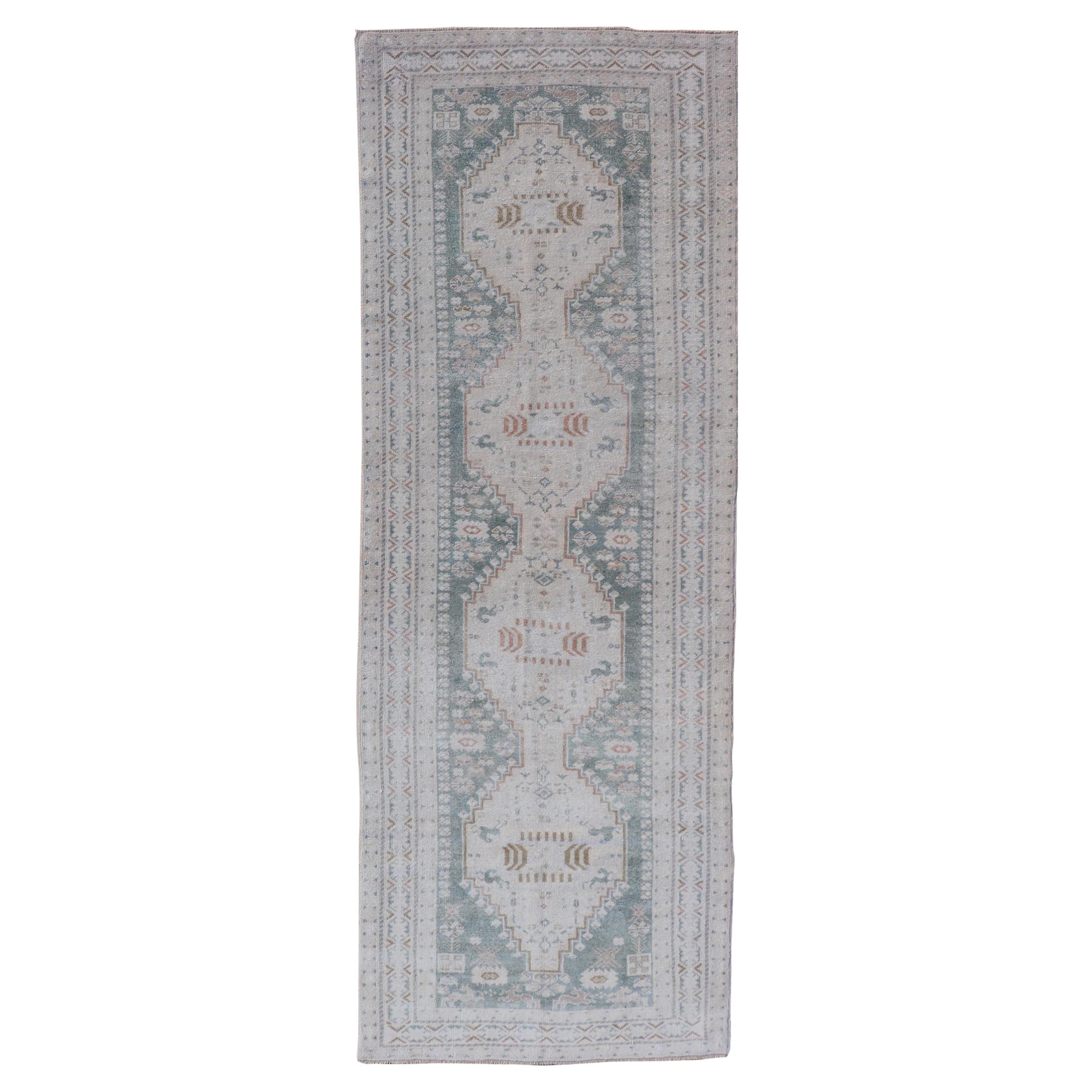 Vintage Turkish Oushak Rug with Central Medallions in Cream and Light Green For Sale