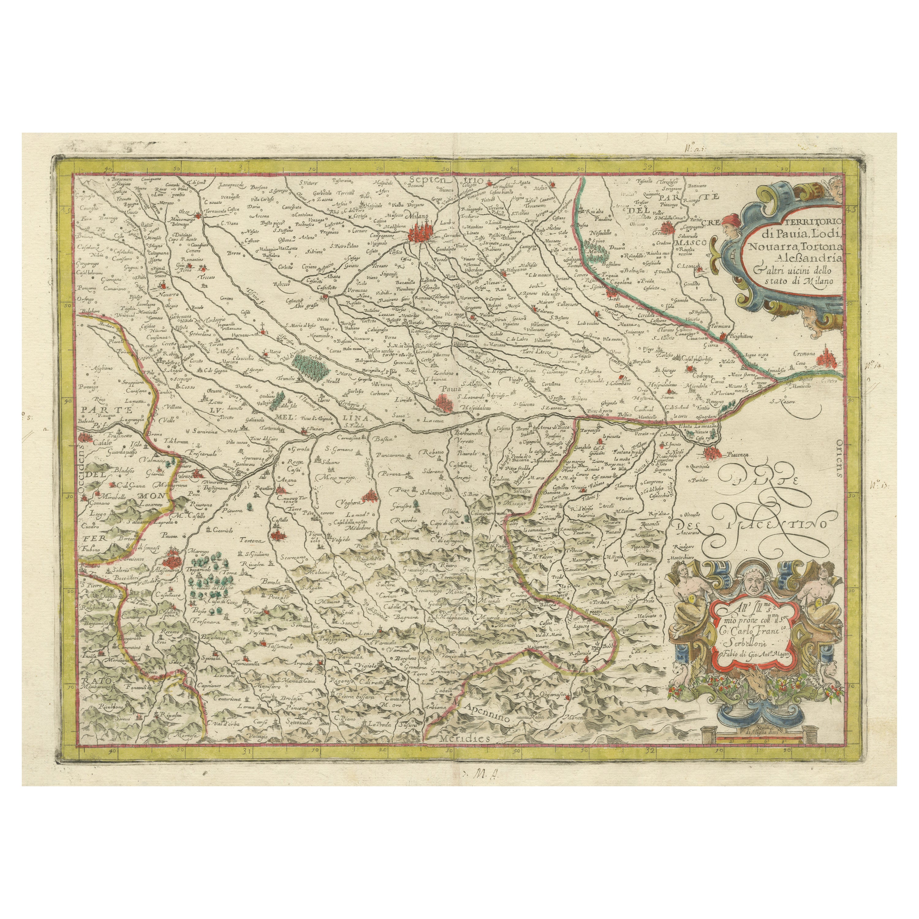 Carte ancienne de la région de Pavie, Lodi, Novara, Tortona et Alessandrie, Italie en vente