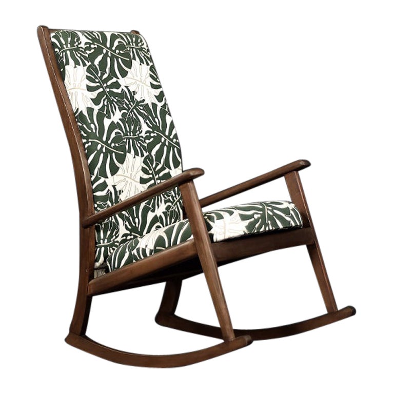 Vintage Danish Modern Rocking Chair in Wood and Monstera Leaf Pattern Fabric For Sale