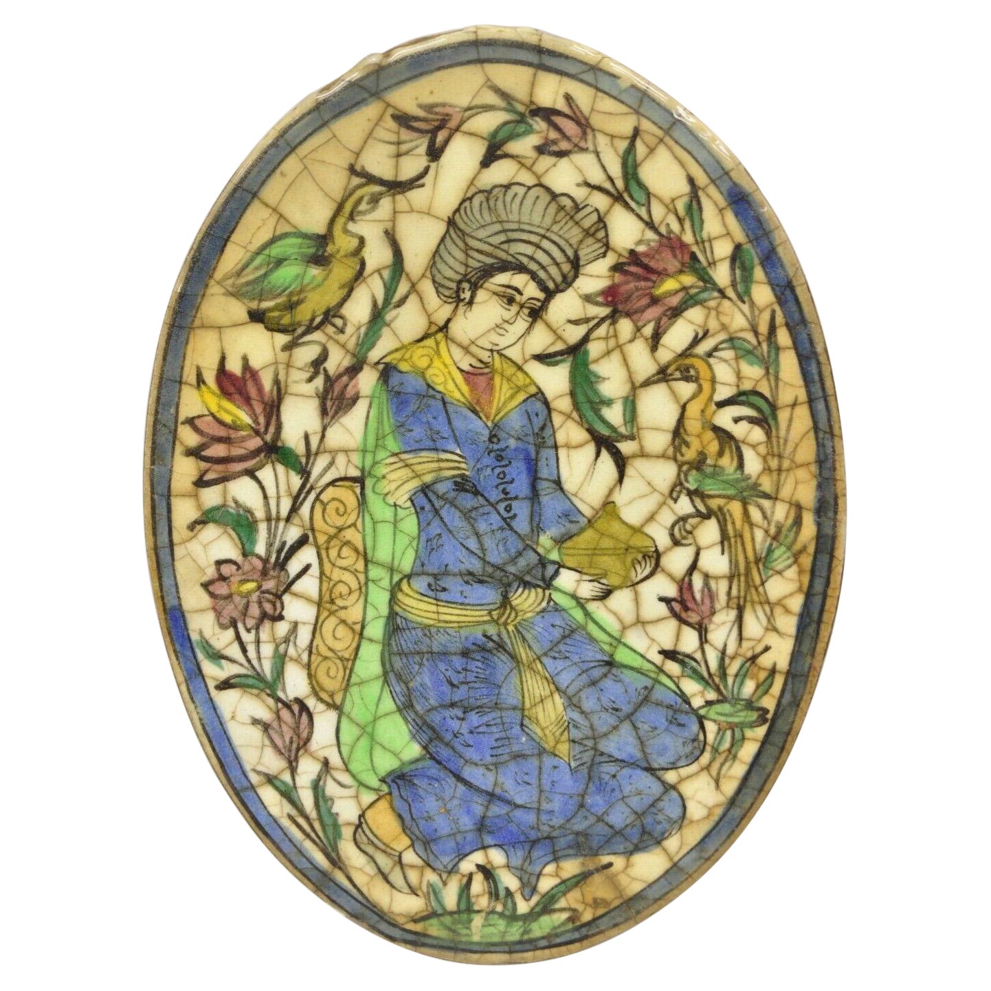 Antique Persian Iznik Qajar Style Ceramic Pottery Oval Tile Blue Figure Birds C3