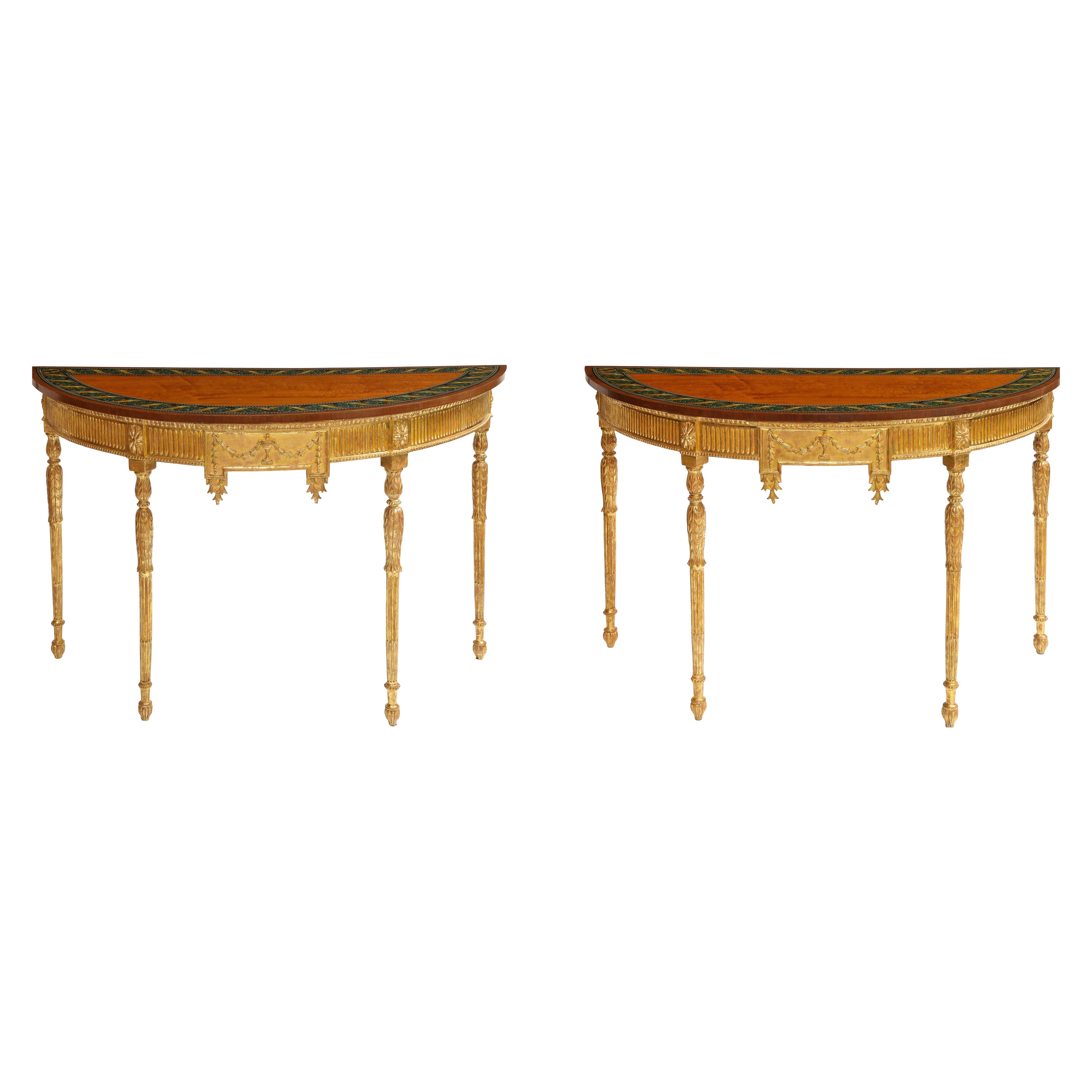 A Pair of 18th C. George III Gilt-Wood Demi-lune Consoles tables w/ Painted Tops For Sale