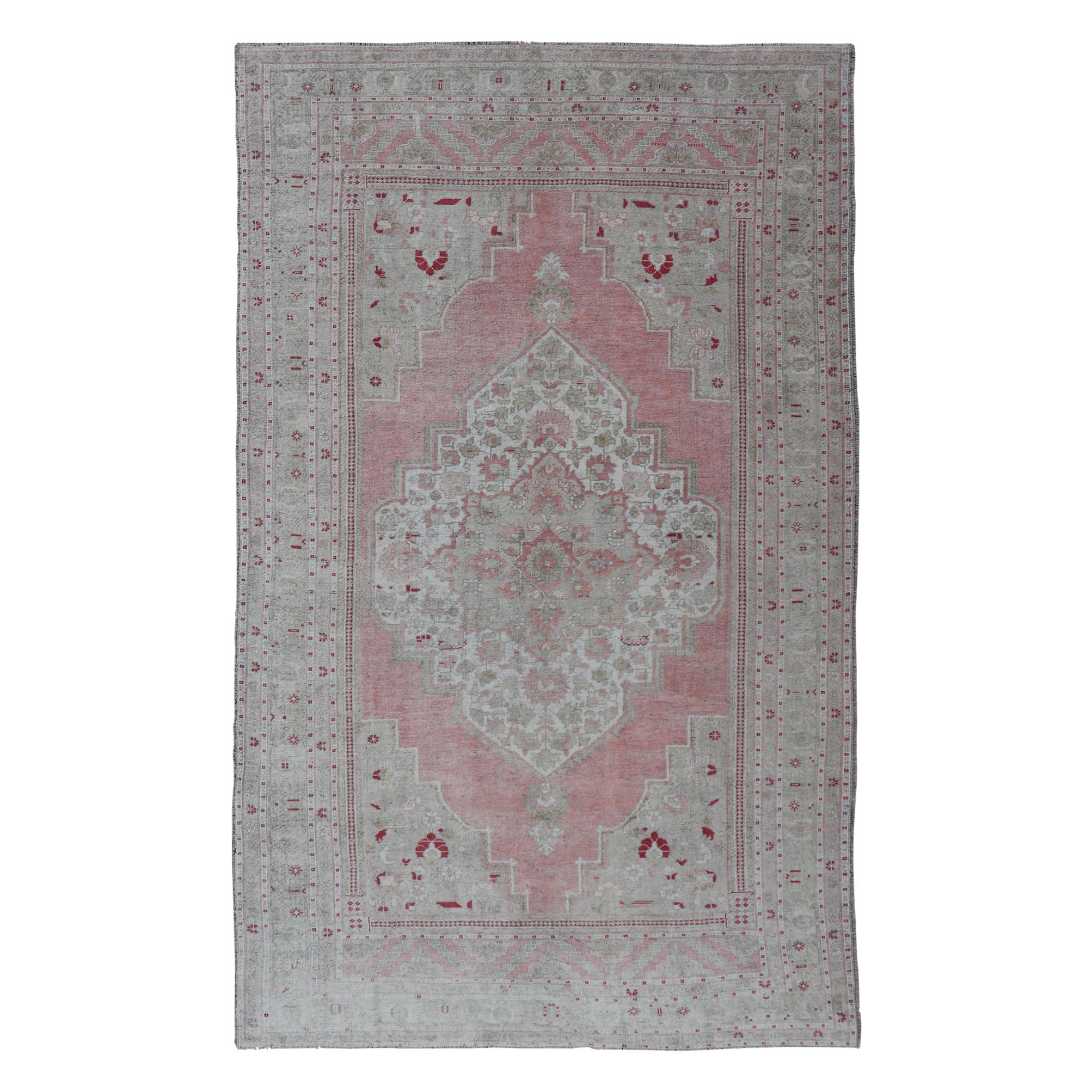 Turkish Vintage Oushak Rug with Geometric Design With A Soft Coral Color For Sale