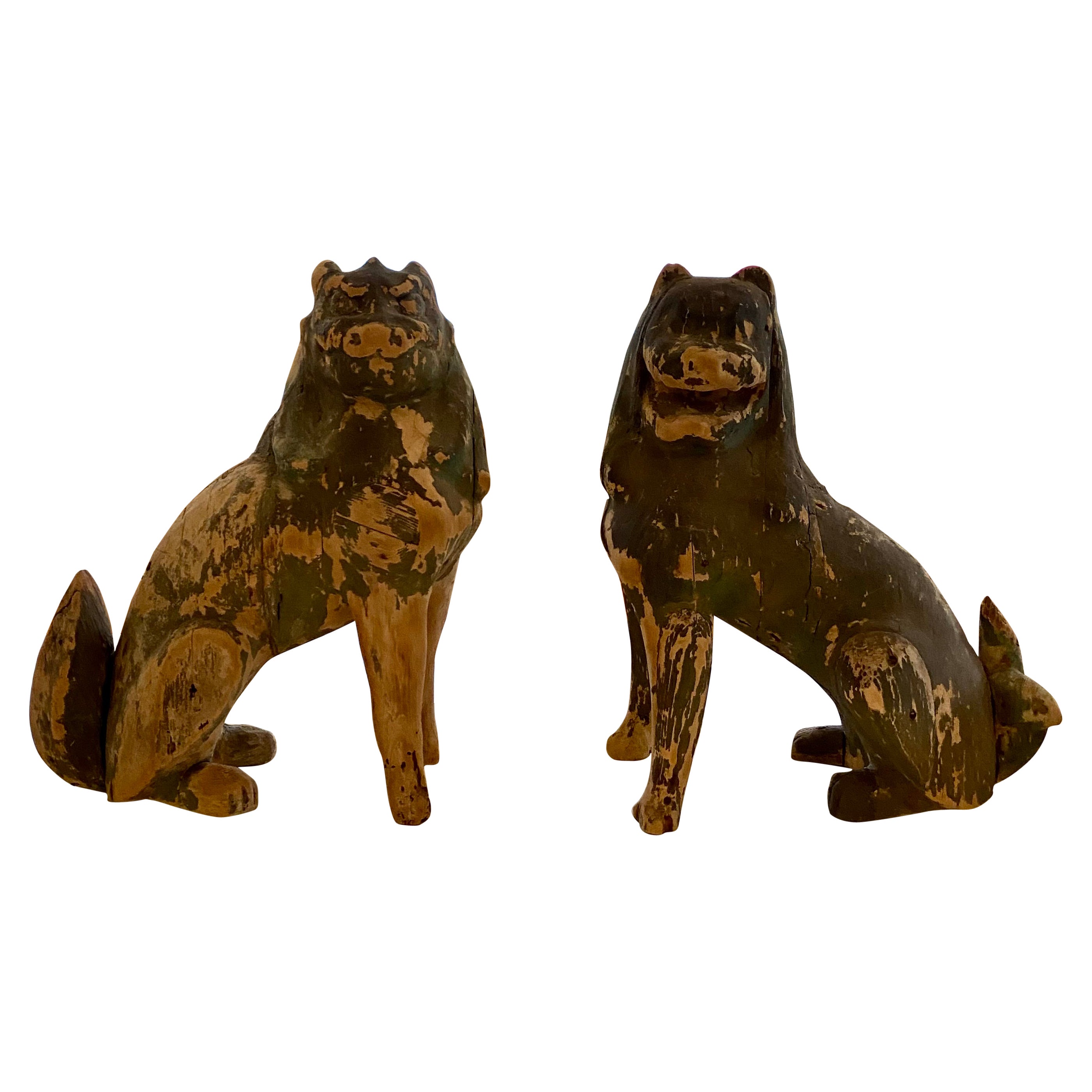 Chinese Painted Wood Foo Lion Guardians Circa 19th Century For Sale