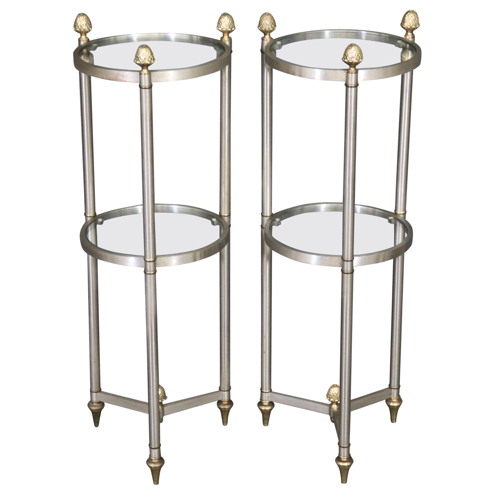 Rare Pair Maison Style Cylindrical Metal Brass Glass Two Tier End Tables For Sale