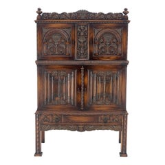 Used Carved Oak Two Doors Jacobean Style China Cabinet Cupboard Hutch Buffet