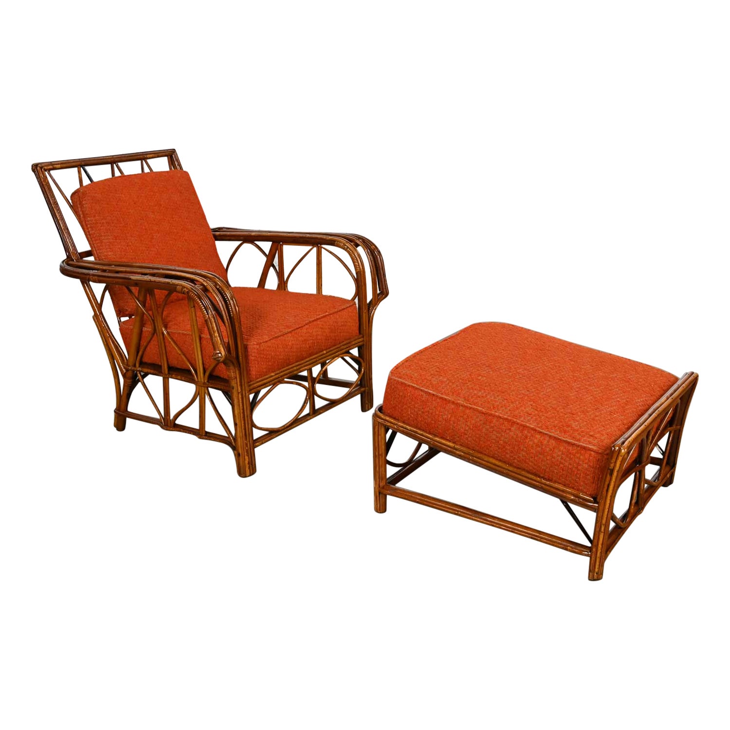 Rattan Lounge Chair & Ottoman Orange Fabric Cushions by Helmers Manufacturing Co