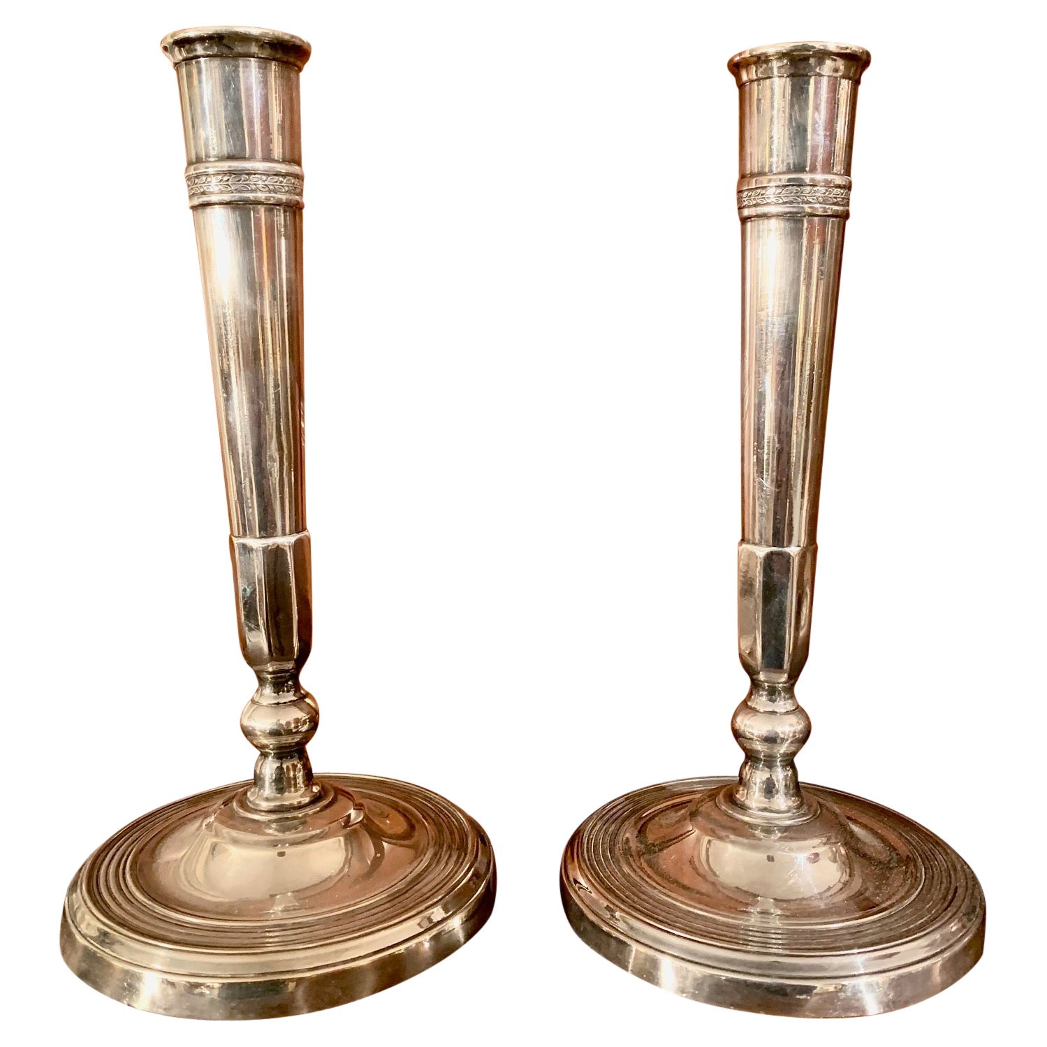 19th Century Pair of Directoire Silver metal
 Bronze Directoire Candlesticks For Sale