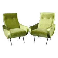 Pair of Mid Century Modern Green Upholstered Zanuso Style Lounge Chairs