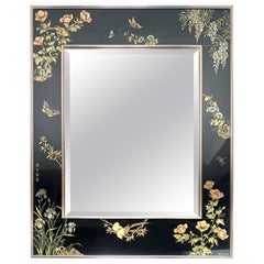 Labarge Signed Black Reverse Painted Chinoiserie Wall Mirror