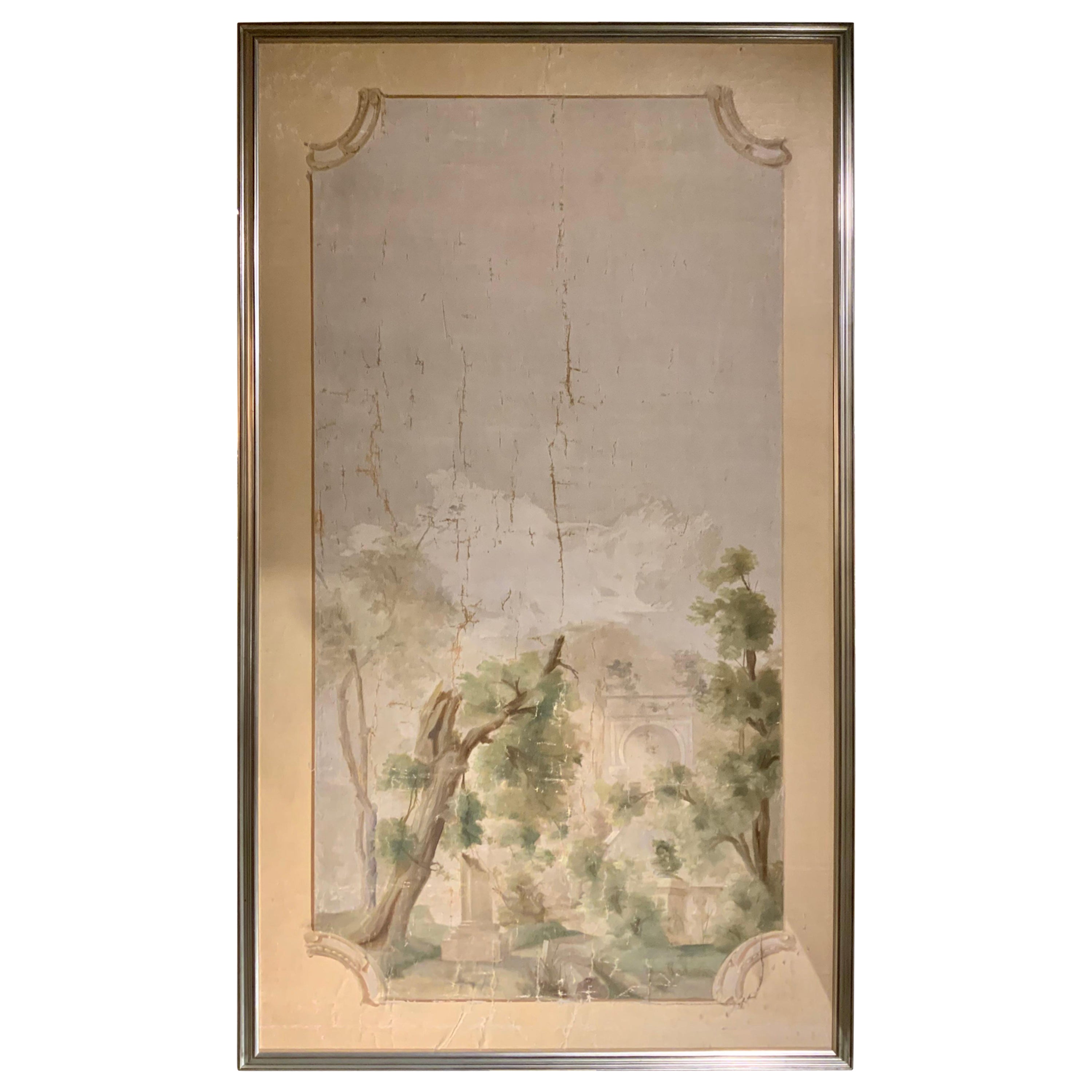 Continental Decorative Panel of a Garden Scene on Linen For Sale