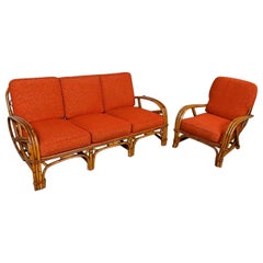Triple Strand Rattan Sofa & Chair Orange Fabric Cushions Style Heywood Wakefield