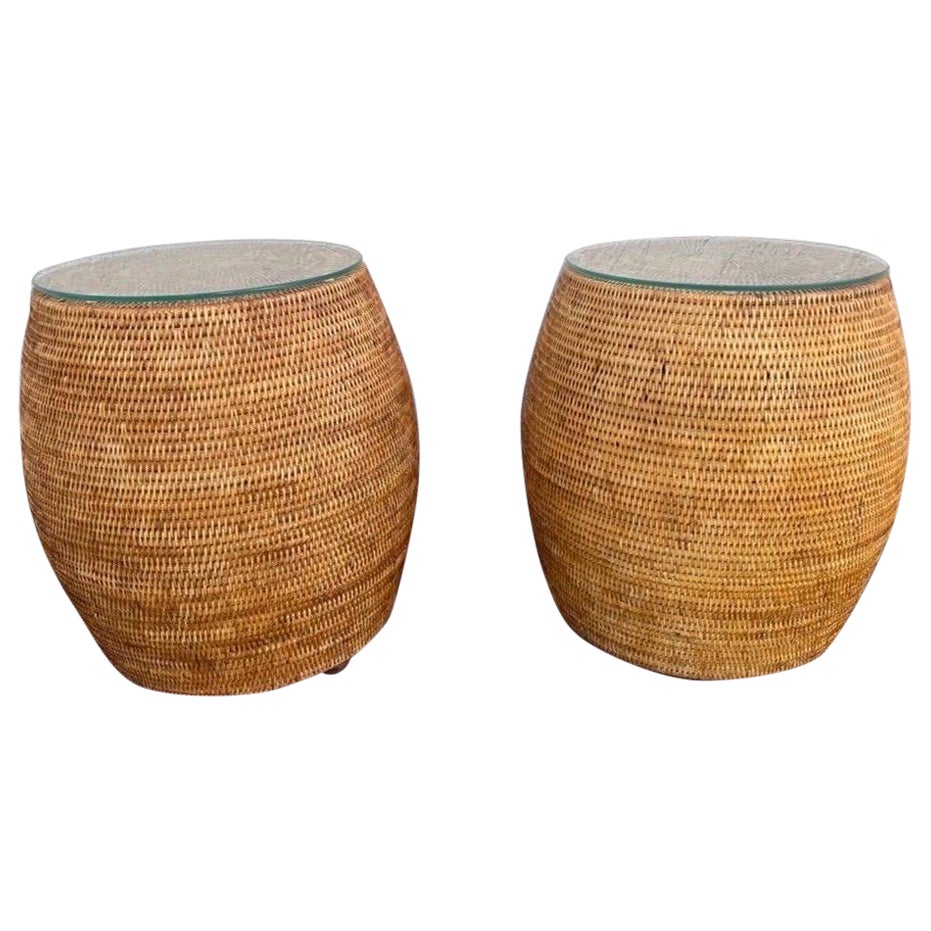 Pair of Woven Bamboo Garden Stool Tables
